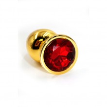 Анальная пробка из алюминия с красным кристаллом, цвет золотой, Kanikule KL-AL012LG, коллекция Anal Jewelry Plug, длина 8.4 см.