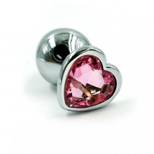 Анальная пробка из алюминия с розовым кристаллом в форме сердца, цвет серебристый, Kanikule KL-AL041M, длина 7 см.