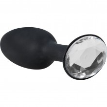 Силиконовая анальная втулка с прозрачным кристаллом в основании, цвет черный, Gopaldas F0142В10PGAL, коллекция Anal Jewelry Plug, длина 10.7 см.