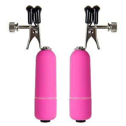 Регулируемые зажимы для груди с вибрацией «Vibrating Nipple Clamps» из коллекции Ouch от ShotsMedia, цвет розовый, OU039PNK, из материала Металл, коллекция Ouch!, длина 9 см., со скидкой