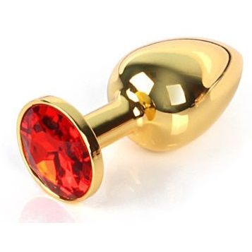 Гладкая металлическая анальная пробка с красным кристаллом из серии Anal Jewelry Plug от Vandersex, цвет золотой, 200-GR, длина 8 см., со скидкой