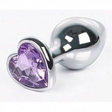 Металлическая анальная пробка с сиреневым кристаллом-сердцем от компании Vandersex, коллекция Anal Jewelry Plug, цвет серебристый, 170-LHS, длина 9.5 см., со скидкой