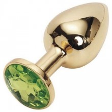 Металлическая гладкая анальная пробка с светло-зеленым кристаллом из серии Anal Jewelry Plug от Vandersex, цвет золотой, 171-GYG, длина 9 см.