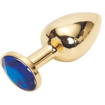 Гладкая металлическая анальная пробка с темно-синим кристаллом из серии Anal Jewelry Plug от Vandersex, цвет золотой, 200-GDBL, длина 8 см.