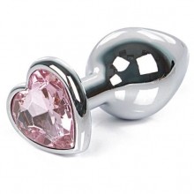 Классическая анальная пробка из металла с розовым кристаллом-сердцем от компании Vandersex, цвет серебристый, Anal Jewelry Plug 170-LHP, длина 9.5 см., со скидкой