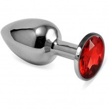 Гладкая анальная пробка из металла с красным кристаллом из серии Anal Jewelry Plug, цвет серебристый, 169-SR, бренд Vandersex, длина 7 см., со скидкой