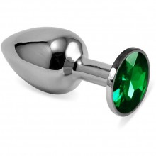 Металлическая анальная пробка гладкой формы с зеленым стразом от компании Vandersex, цвет серебристый, Anal Jewelry Plug 169-SG, длина 7 см.