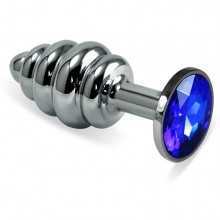 Металлическая ребристая втулка с синим стразом от компании Vandersex, цвет серебристый, 180-MBL, длина 8.5 см.