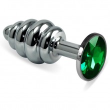 Металлическая ребристая пробка с зеленым кристаллом из серии Anal Jewelry Plug, цвет серебристый, Vandersex 180-MG, длина 8.5 см.