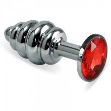 Металлическая ребристая пробка с красным кристаллом из коллекции Anal Jewelry Plug, цвет серебристый, 180-MR, бренд Vandersex, длина 8.5 см., со скидкой