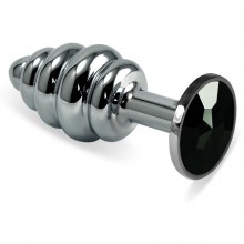 Металлическая ребристая пробка с черным кристаллом серии Anal Jewelry Plug, цвет серебристый, Vandersex 180-LB, длина 9.5 см., со скидкой