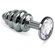 Металлическая ребристая пробка с прозрачным кристаллом из серии Anal Jewelry Plug, цвет серебристый, Vandersex 180-LC, длина 9.5 см.
