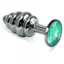 Металличская ребристая пробка с светло-зеленым кристаллом от компании Vandersex, цвет серебристый, 180-LYG, коллекция Anal Jewelry Plug, длина 9.5 см., со скидкой