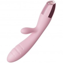 Изогнутый женский вибратор «V2» с клиторальным стимулятором от компании LuxeLuv, цвет розовый, V2 pink, длина 18.5 см.