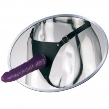 Фиолетовый женский страпон «Leather Strap On Satisfy-Her», длина 19 см, PD3350-13, бренд PipeDream, из материала ПВХ, длина 20.3 см.