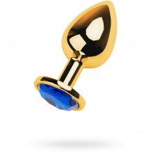 Анальная втулка с синим стразом из коллекции ToyFa Metal, цвет золотой, 717006-6, длина 9.5 см.