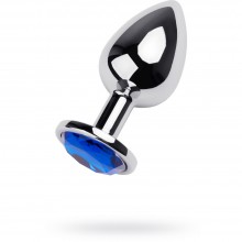 Анальная втулка с синим стразом из коллекции ToyFa Metal, цвет серебристый, 717003-6, длина 9.5 см.