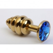 Анальная ребристая втулка с синим стразом от компании 4sexdream, цвет золотой, 47473-3MM, из материала Металл, коллекция Anal Jewelry Plug, длина 8 см., со скидкой