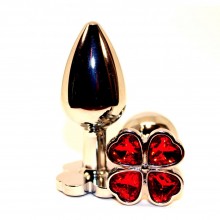 Металлическая анальная пробка с красным стразом в форме клевера от компании 4sexdream, цвет серебристый, 47439-2MM, коллекция Anal Jewelry Plug, длина 7 см.