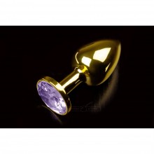 Маленькая анальная пробка с круглым кончиком и фиолетовым кристаллом от компании Пикантные Штучки, цвет золотой, DPRSG252PUR, из материала Металл, коллекция Anal Jewelry Plug, длина 7 см., со скидкой