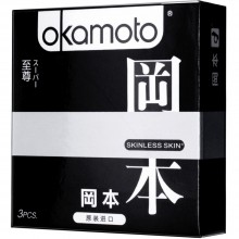 Презервативы тонкие «Skinless Skin Super» с обильной смазкой от компании Okamoto, упаковка 3 шт, OK177, из материала Латекс, длина 18.5 см.