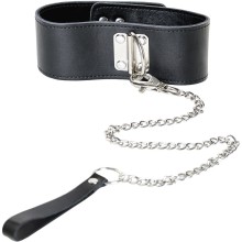 Чрный кожаный ошейник с поводком-цепочкой из коллекции «Theatre» от ToyFa, цвет черный, размер OS, 703002