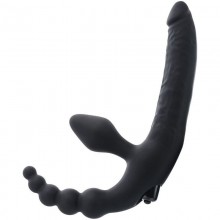 Безремневой страпон с вибрацией и анальным отростком из серии Black & Red от компании ToyFa, цвет черный, 901401-5, длина 35 см.