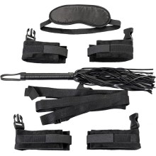 Набор для БДСМ-игры «Theatre» из ремней, плетки, наручников и оков с маской, цвет черный, ToyFa 704012