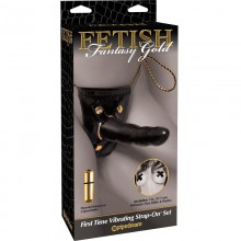 Женский страпон «First Time Vibrating Strap-On Set» с вибропулей для клиторальной стимуляции из серии Fetish Fantasy Gold от PipeDream, цвет черный, PD3966-23, длина 14 см.