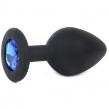 Силиконовая анальная пробка с синим кристаллом от компании Vandersex, цвет черный, 122-1BS, коллекция Anal Jewelry Plug, длина 6.8 см., со скидкой