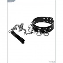 Ошейник с кольцами и поводок-цепь от компании PentHouse, цвет черный, размер OS, P3149B, One Size (Р 42-48)
