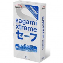 Sagami «Xtreme Ultrasafe», японские презервативы с двойным количеством смазки, латекс 0.09 мм, 10 штук, длина 19 см.