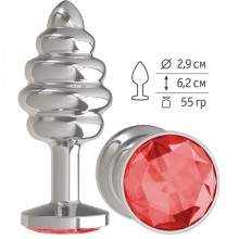 Металлическая пробка с ребрышками и красным кристаллом, цвет серебристый, Джага-Джага 515-04 red-DD, коллекция Anal Jewelry Plug, цвет Красный, длина 7 см.