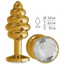 Металлическая пробка с ребрышками и прозрачным кристаллом от компании Джага-Джага, цвет золотой, 512-01 white-DD, длина 7 см., со скидкой