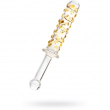 Стеклянный анальный фаллос с выпуклыми точками и ручкой от компании «Sexus Glas», цвет желтый, рабочая длина 14 см, минимальный диаметр 1.8 см, 912043, длина 25 см.