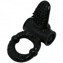 Черное эрекционное кольцо с вибрацией и щеточкой для клитора, длина 6 см.