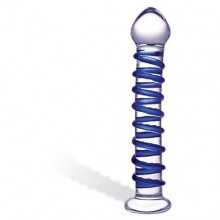 Стеклянный фаллоимитатор «Blue Spiral» с голубой внешней спиралью от компании Glas, цвет прозрачный, GLAS-75, длина 18.5 см., со скидкой
