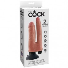 Анально-вагинальный вибратор «Double Vibrating Double Penetrator Flesh» реалистичной формы из серии King Cock PipeDream, цвет телесный, PD5411-21, длина 15.2 см., со скидкой