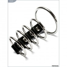 Эрекционные кольца из металла на кожаном ремешке от компании PentHouse, цвет серебристый, P3078, диаметр 5 см., со скидкой