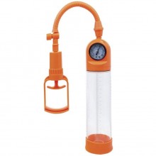 Мужская вакуумная помпа «A-Toys», с манометром и прозрачной колбой, цвет оранжевый, ToyFa 768001-11, длина 20 см.