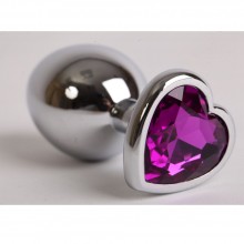Металлическая анальная пробочка со стразом в виде фиолетового сердечка, цвет серебристый, Luxurious Tail 47143, бренд 4sexdream, коллекция Anal Jewelry Plug, длина 7.5 см.