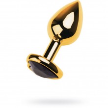 Металлическая анальная пробка с черным стразом в форме сердца, цвет золотой, ToyFa Metal 717018-135, длина 9.5 см.