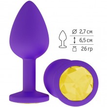 Мягкая силиконовая анальная пробка с желтым кристаллом, цвет фиолетовый, Джага-Джага 519-11 yellow-DD, длина 6.5 см.