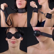 Комплект для БДСМ-игр: наручники, кляп-шарик, маска и ошейник, цвет черный, СК-Визит 7062-1, из материала Неопрен, 1 м., со скидкой