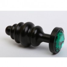 Металлическая ребристая анальная пробка с зеленым кристаллом, цвет черный, 4sexdream 47427-6MM, длина 7.3 см.