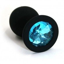 Чёрная силиконовая анальная пробка с голубым кристаллом - 7 см., длина 7 см., со скидкой