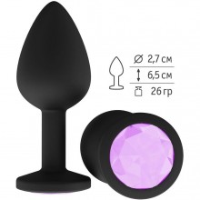 Силиконовая анальная втулка с сиреневым кристаллом, цвет черный, Джага-Джага 518-13 lilac-DD, длина 6.5 см.