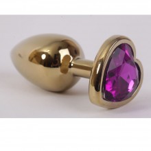 Гладкая металлическая анальная пробка с фиолетовым камешком в виде сердечка, цвет золотой, Luxurious Tail 301454, коллекция Anal Jewelry Plug, длина 7.5 см.