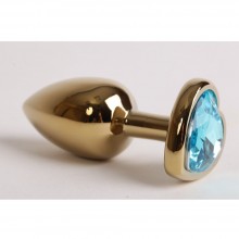 Металлическая гладкая анальная пробка с синим камешком в виде сердечка, цвет золотой, Luxurious Tail 301456, коллекция Anal Jewelry Plug, длина 7.5 см.