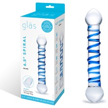 Двусторонний стеклянный фаллос с голубой спиралью «Spiral Dildo», цвет прозрачный, Glas GLAS-150, из материала Стекло, длина 17 см., со скидкой